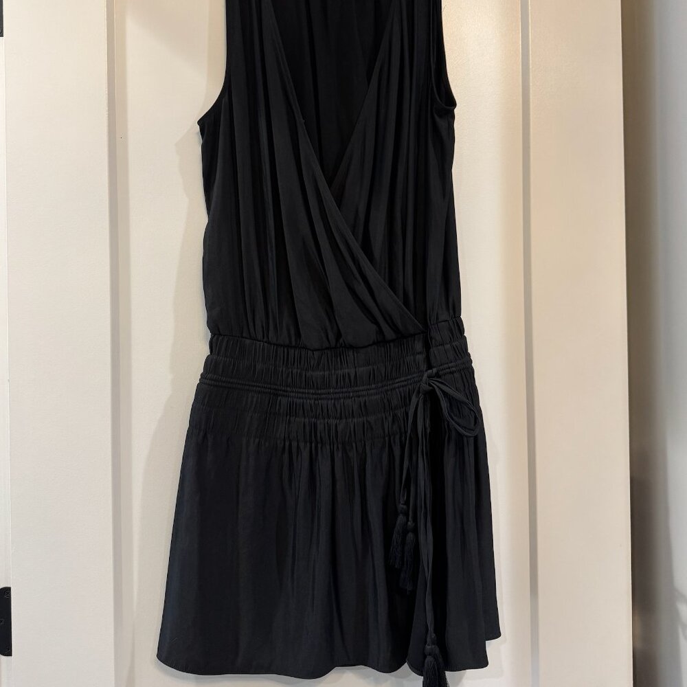 Ramy Brook black faux wrap mini dress with tassel closure, XS